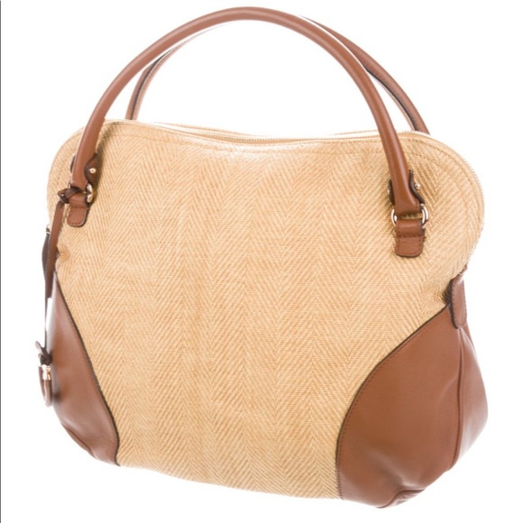 NWOT - SALVATORE FERRAGAMO Yellow/Brown Woven Raffia and Leather Gancio Satchel - Picture 4 of 12